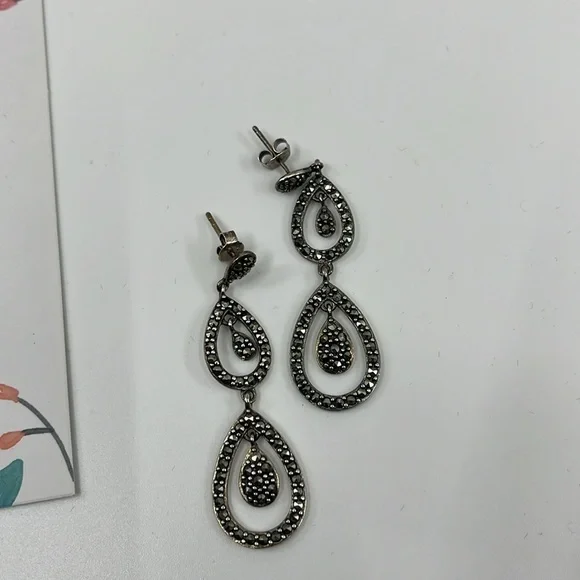 Suspicion Marcasite 🖤 Sterling Silver Teardrop Stud Earrings 🌟 - Picture 10 of 13